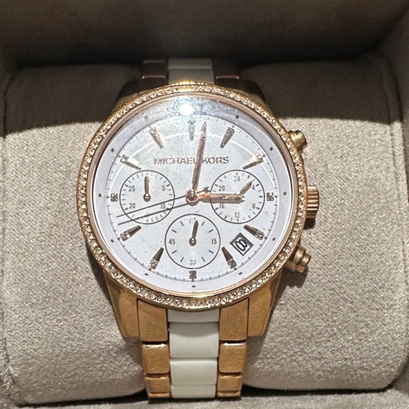 Michael Kors Jewelry - Michael Kors Gold and White Chronograph Watch